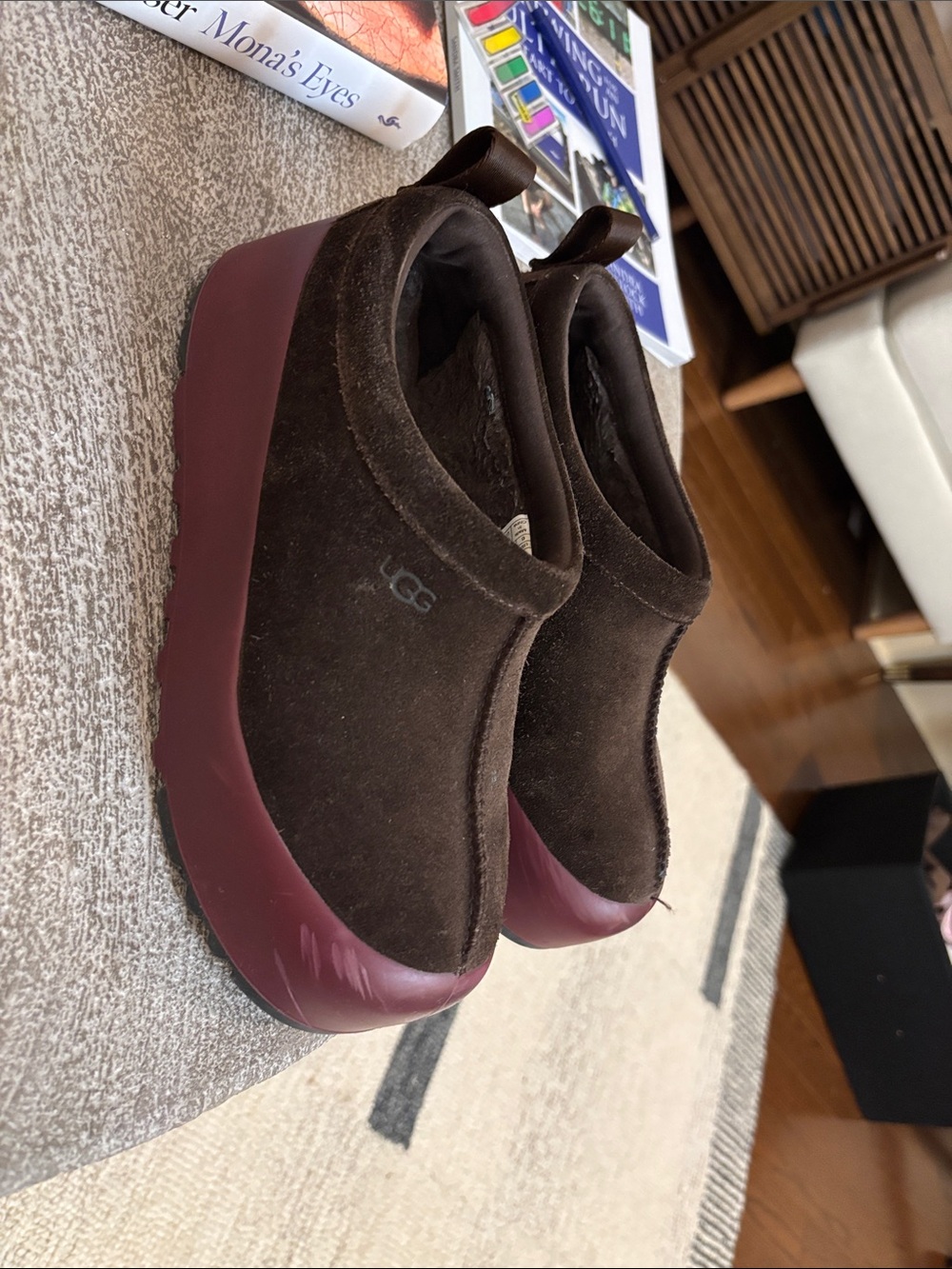 UGG Dark Brown Suede Slip-On Sneakers with Burgundy Rubber Toe